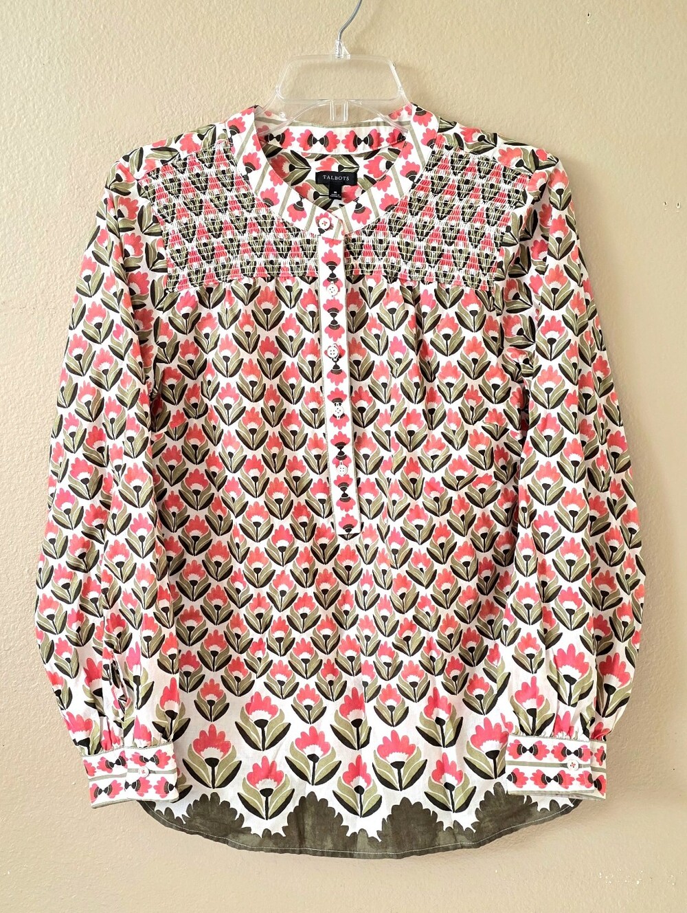 Talbots Smocked Popover Watercolor Floral Border Blouse - Size Medium